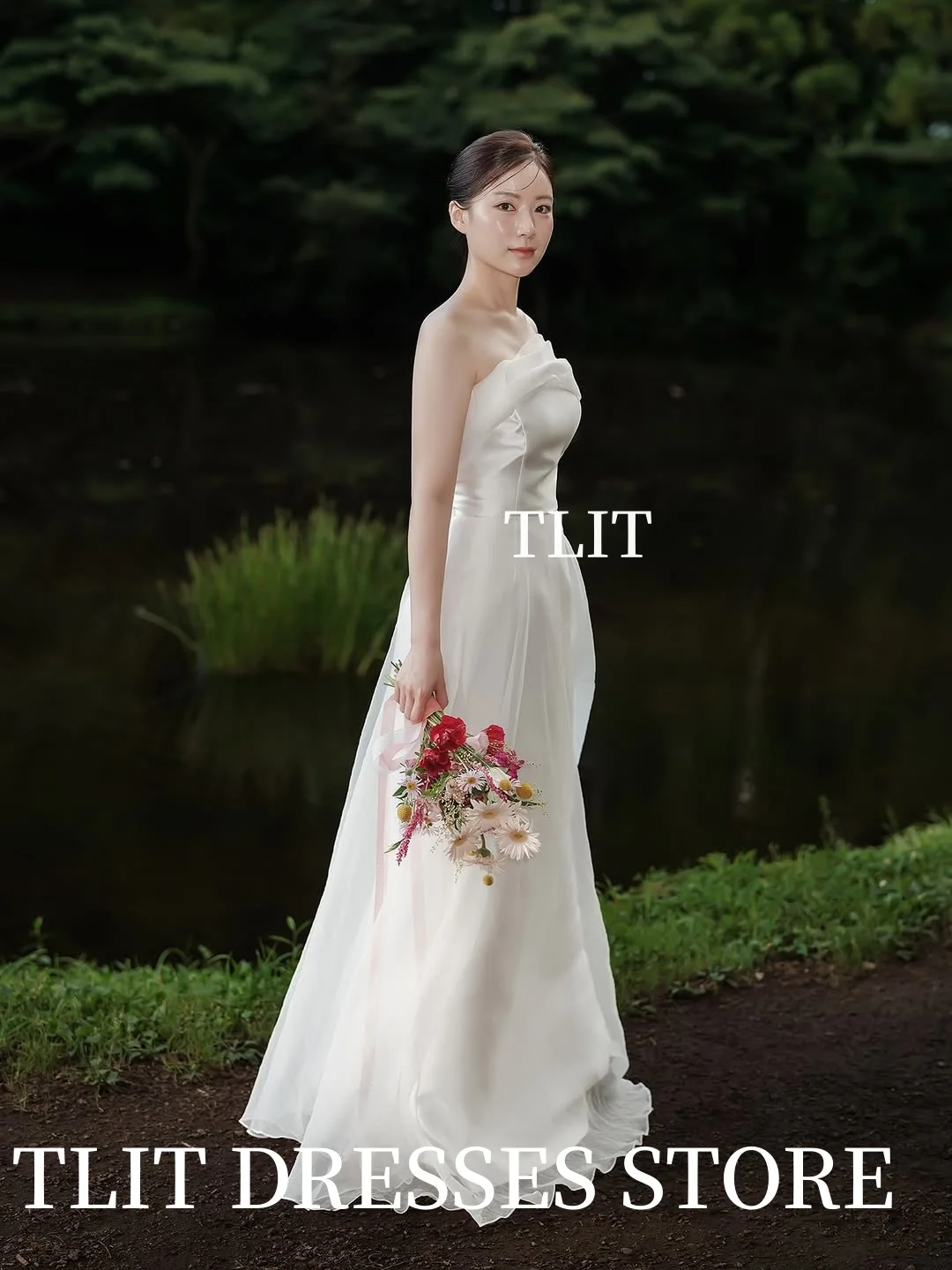 TLIT Elegant Ivory Silk Tulle Wedding Dress Strapless Off The Shoulder Prom Gown Korea Bridal Dress Photos Shoot Customized