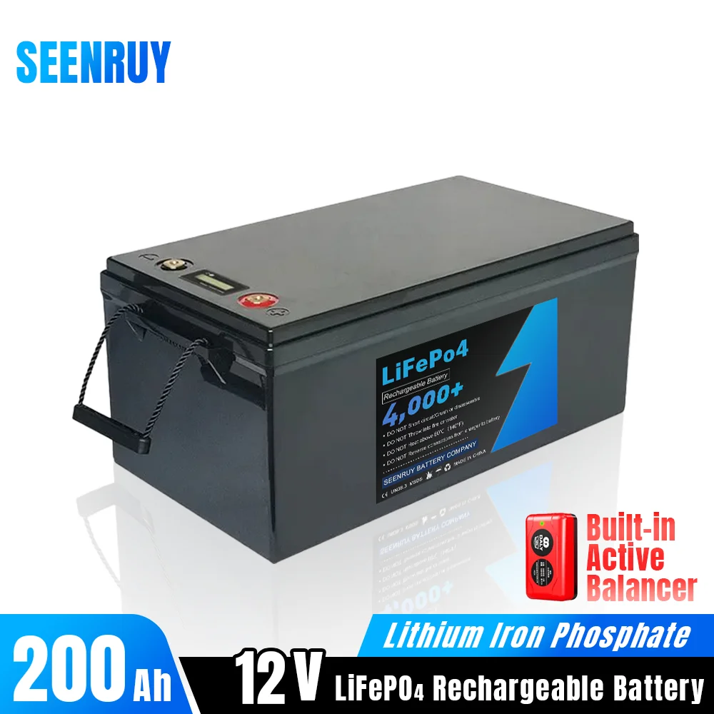 12V 200Ah Lifepo4 Battery Pack Built-in BMS + Active Balancer Optional Bluetooth Deep Cycle for RV Outdoor Solar Energy +Charger