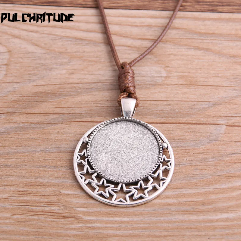 2pcs Zinc Alloy Antique Silver 25mm Round Cabochon Settings Blank Cameo Pendant Base Tray With Leather Cord For Jewelry Making