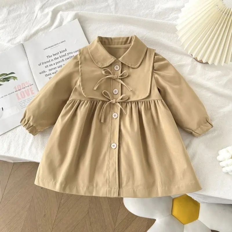 2-11Y Children's turn down collar Trench Coat  bowknot autumn Jacket for girls Kid's fashion Windbreaker Clothes H128-30