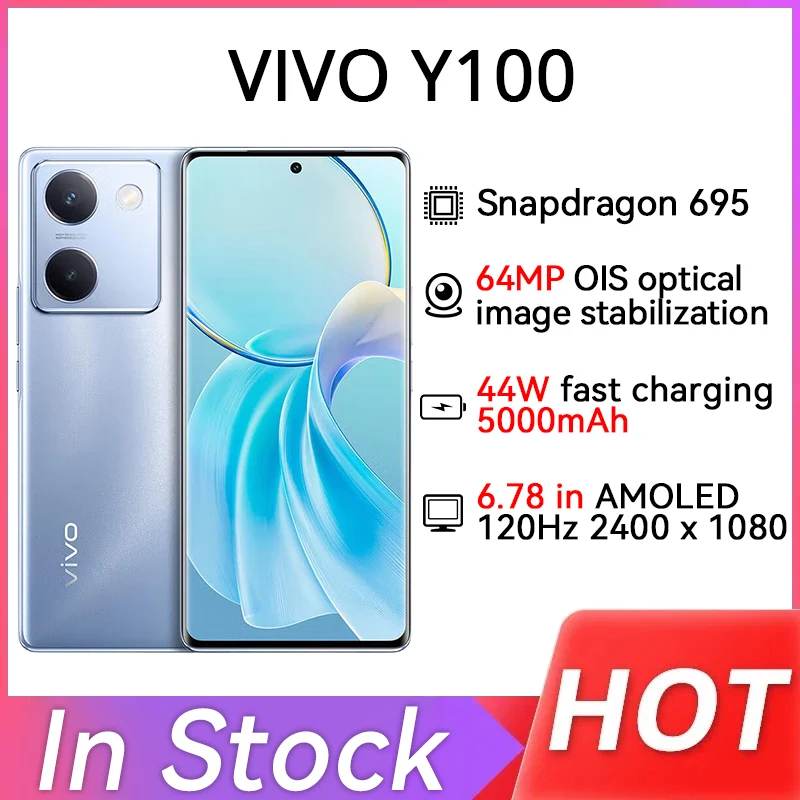 Original VIVO Y100 Mobile Phone Snapdragon 695 Octa Core 64M Triple Camera 6.78'' AMOLED 5000mAh Battery 44W SuperFlash Charge