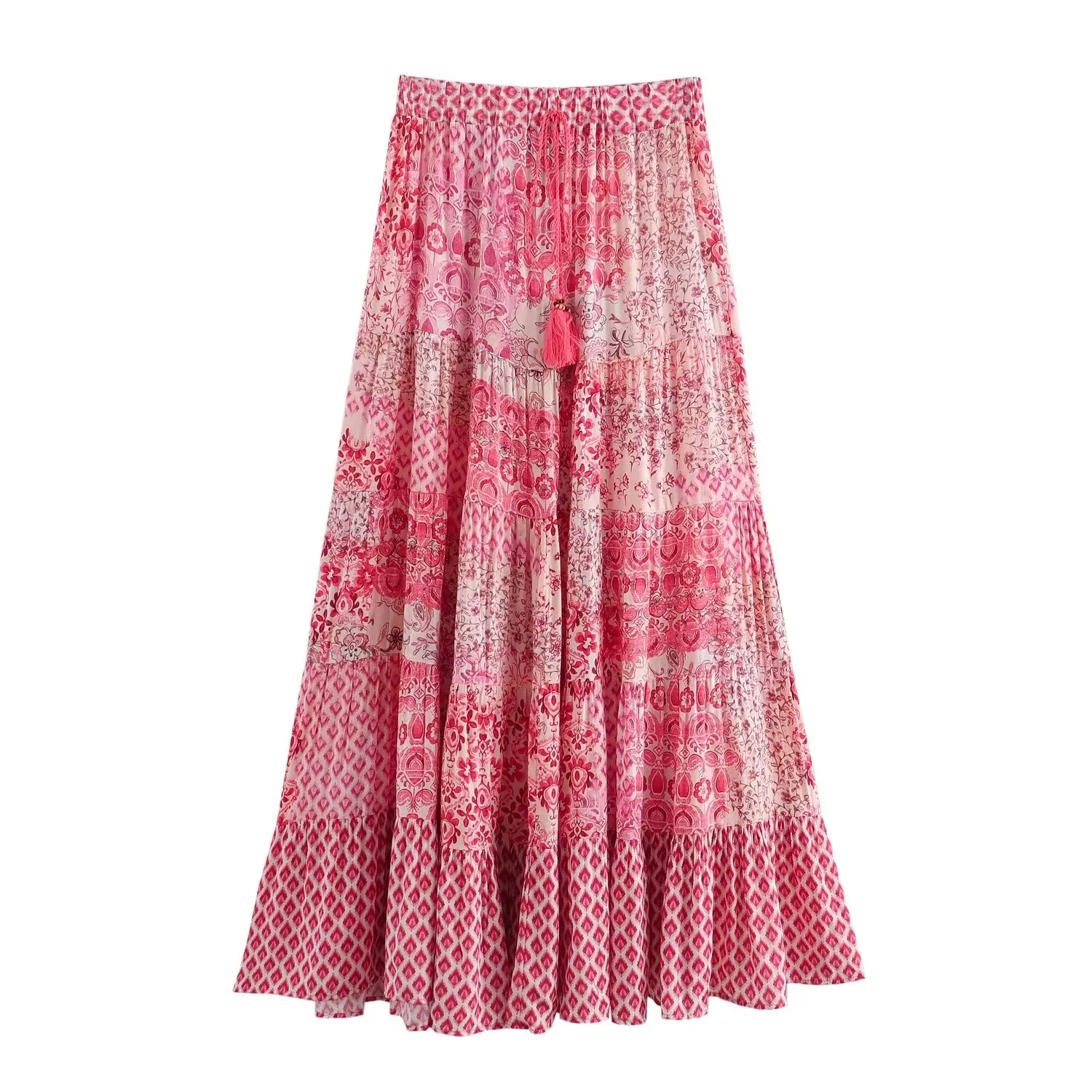 Women\'s Floral Print Skirt Elastic High Waisted Tassel for Commuting Versatile Mid Length New