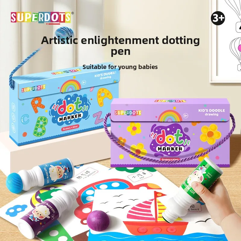 Kids Dot Marker Paint Pen Set 6 Colors 40ml Washable Dab Pens for Toddler Early Learning Drawing and Preschool Art Class