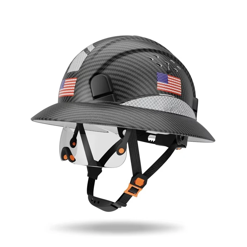 Lightweight Construction American Hard Hats Carbon Fiber HDPE Full Brim Safety Helmet with Visor CE EN 397 EN 166 Standard