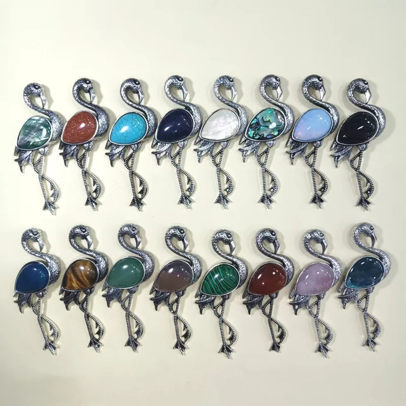 Cartoon flamingo inlaid with semi-precious natural stones, abalone shell, and white shell