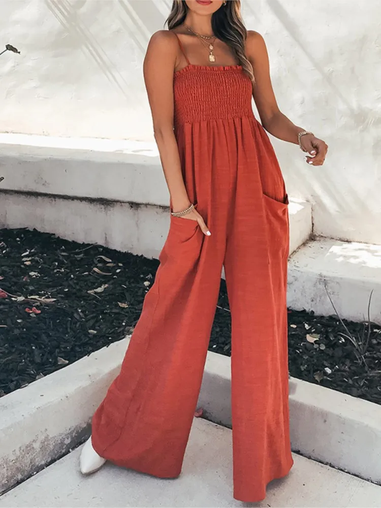 

Chic And Elegant Jumpsuit Solid Color Suspender Pleated Casual Commuting High Waist Rompers 2024 Summer Fashion Red Jumpsuits