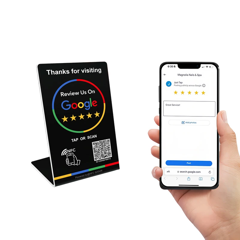 Nfc 215 programmable QR code Google Review Card NFC station table NFC Google Reviews display bending card standing brand bracket