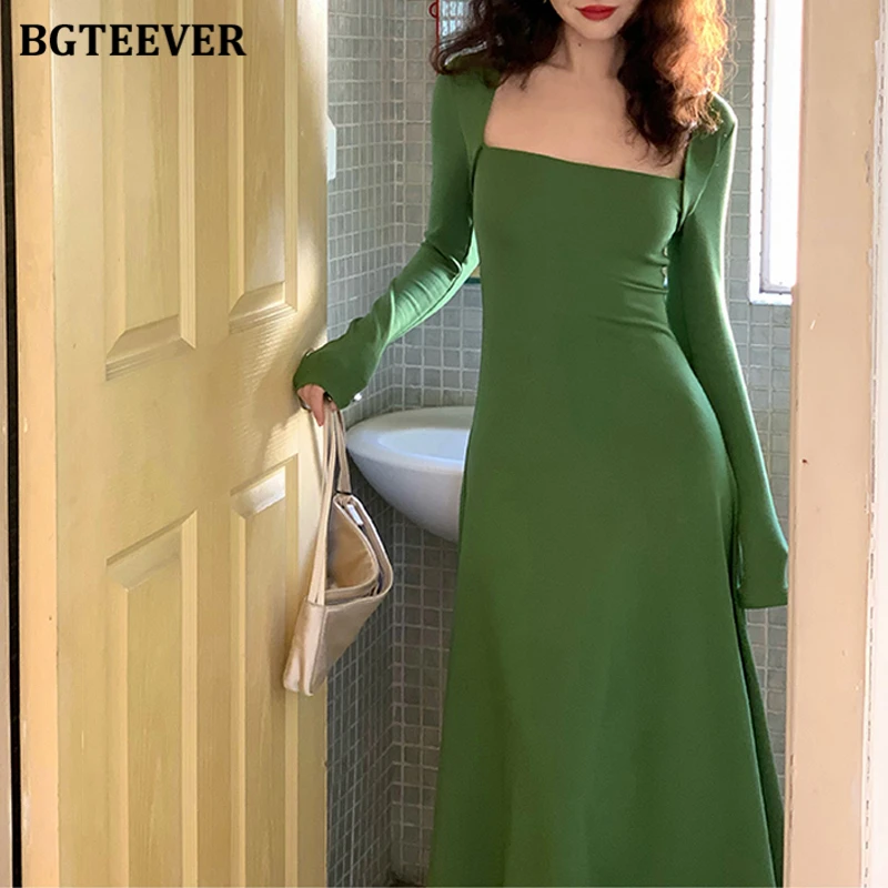 BGTEEVER Vintage Square Collar Ladies Skinny Knitted Bodycon Dress Autumn Winter Elegant Slim Waist Women Package Hip Dress