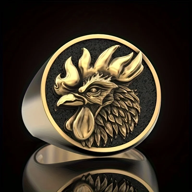 Personality Vintage Carving Rooster Punk Rings for Men Noble 14K Gold Plated Drip Oil Biker Rings Male Birthday Gift