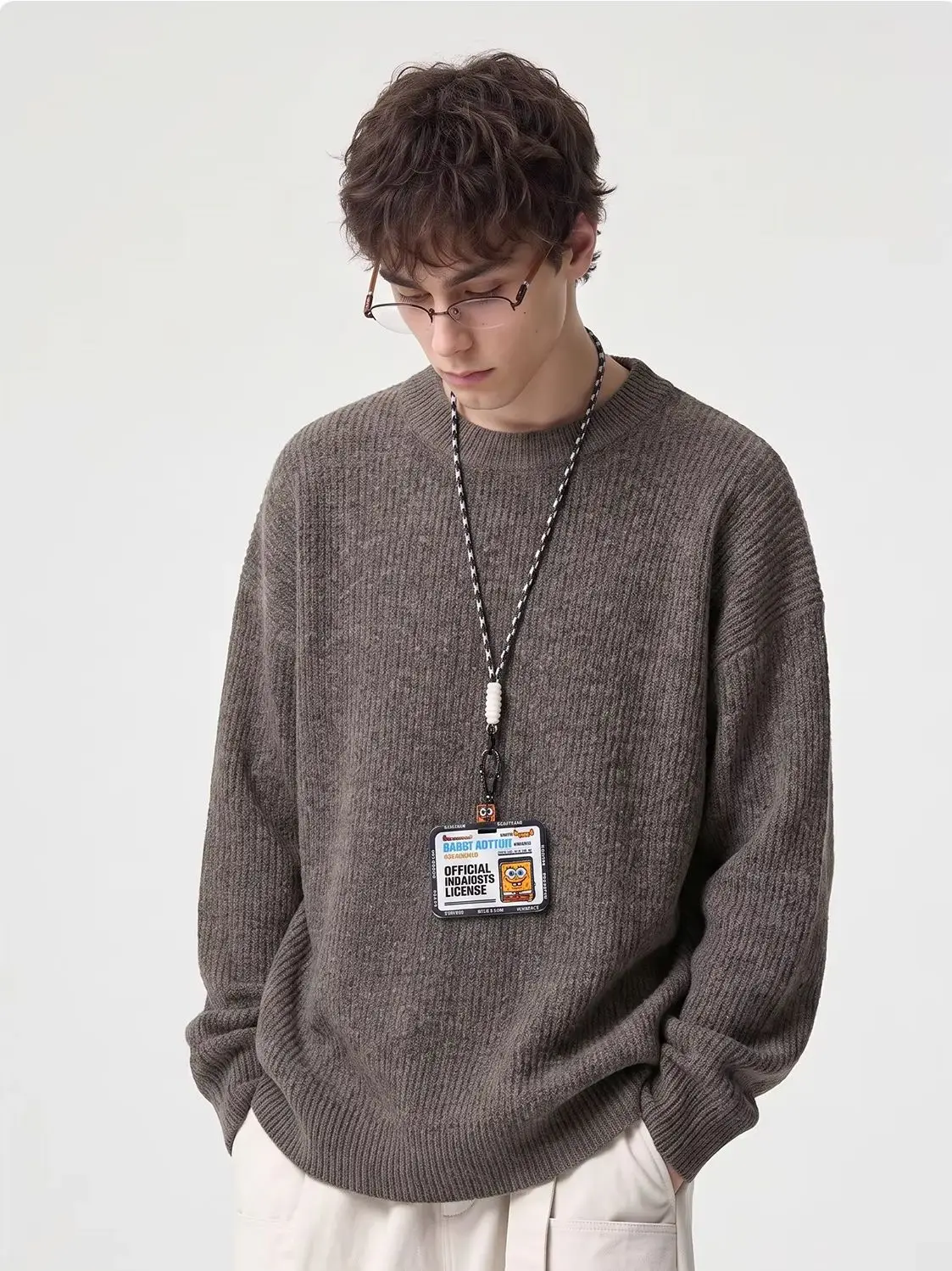 Minimalist Casual Round-Neck Sweater Men's Autumn Winter Textured Retro Versatile Fleece Soft Warm Knit Sweater·