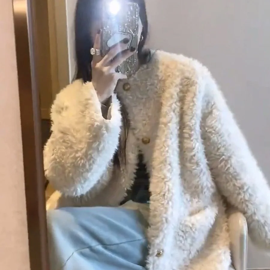 Женские пальто из искусственного меха Короткие куртки Пальто с круглым вырезом Толстая теплая уличная куртка Y2k Элегантная рабочая повседневная облегающая осень-зима