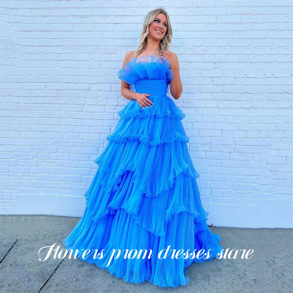 

Flowers Blue Prom Dress Strapless 프롬 드레스 Tiered Ruffled Cocktail Evening Dresses Sleeveless A Line Party Gown Customized