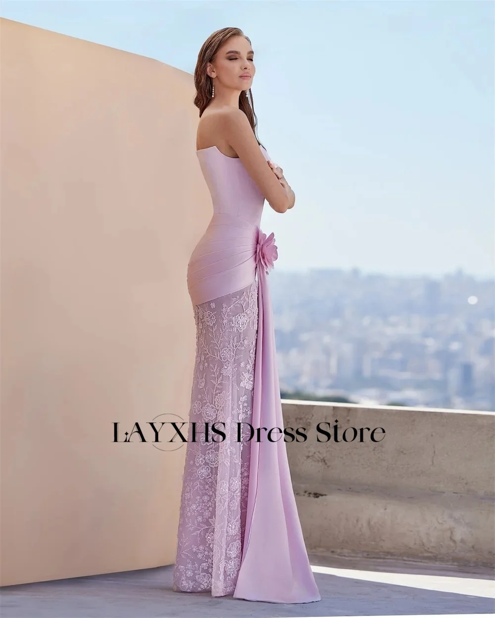 LAYXHS Simples Renda Sereia Vestidos de Noite Rosa Strapless Flores Plissado Vestidos de Baile Personalizados فستانmavera