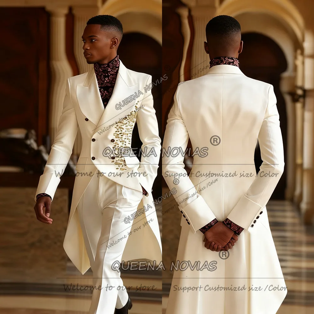 

Роскошные костюмы с бриллиантами и бисером, мужские двубортные пиджаки с длинным шлейфом для жениха, индивидуальные комплекты из 2 предметов, мужские банкетные смокинги, наряды