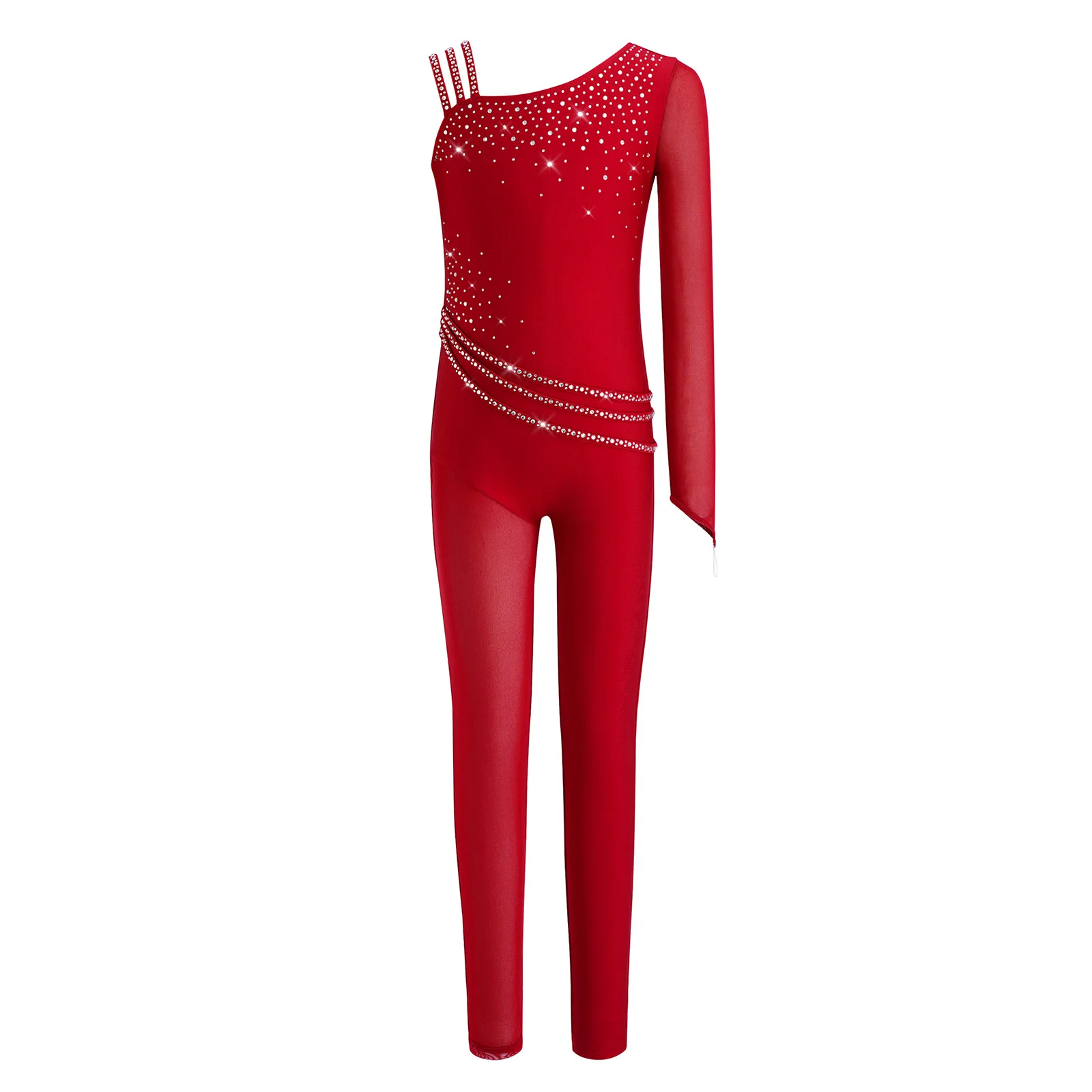Kids Girls Ballet Dance Gymnastics Leotard Sparkly Rhinestones Mesh Asymmetrical Jumpsuit Figure Skating Acrobatics Bodysuit