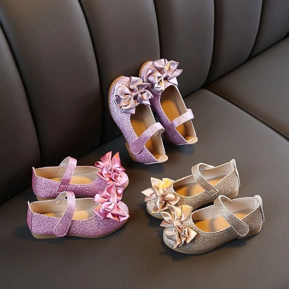 

Female Glitter Princess Dress Shoes Bow-knot Soft Bottom Leather Shoes Bright Breathable Dance Party Shoes Kids