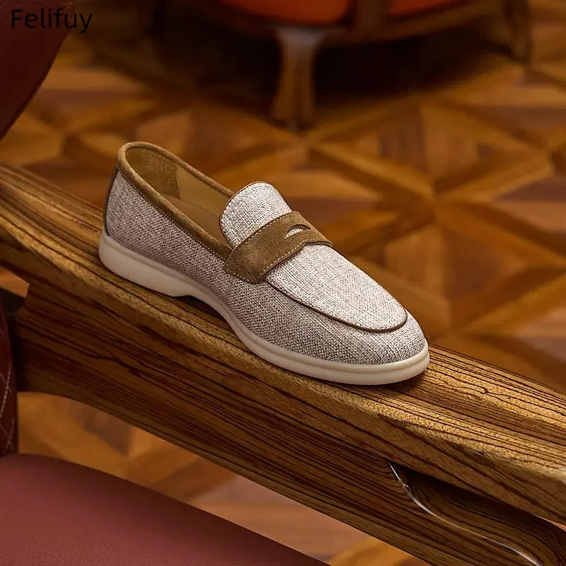 Retro Linen Loafers Men's Spring Summer New Genuine Leather Patchwork Penny Shoes Commute Casual Slip-On Low Cut Single Shoes