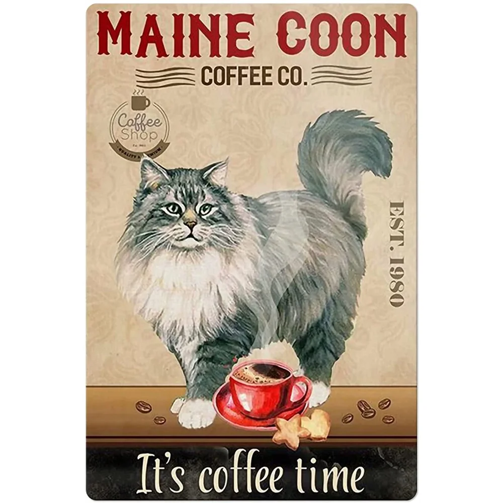 Cat and Coffee Vintage Metal Tin Sign,Maine Coon Coffee Co. Retro Wall Decor for Home Bar Restaurant Cafe Pub Outdoor