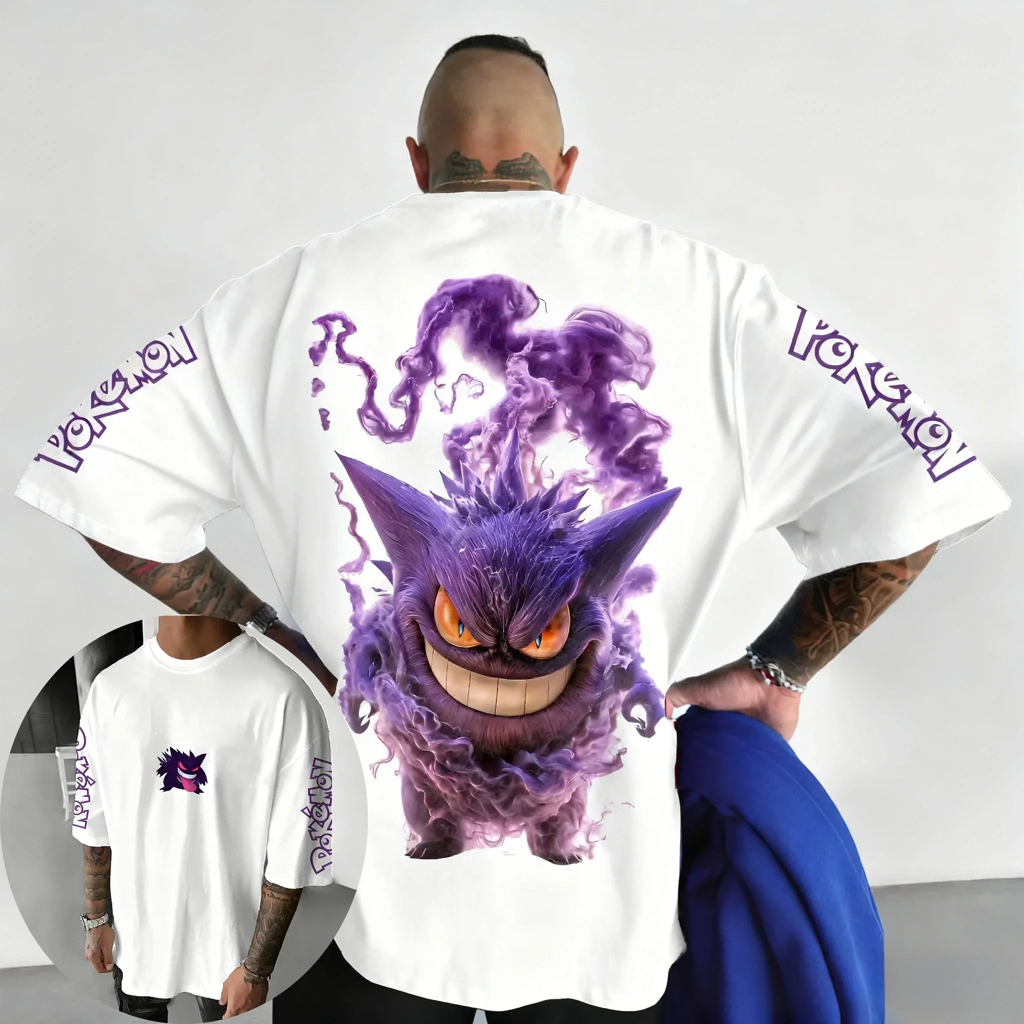 بوكيمون يده لعبة Gengar تي شيرت مطبوع 2026 الخريف والشتاء جديد Harajuku الرجال والنساء فضفاض اليومية الوالدين والطفل #5