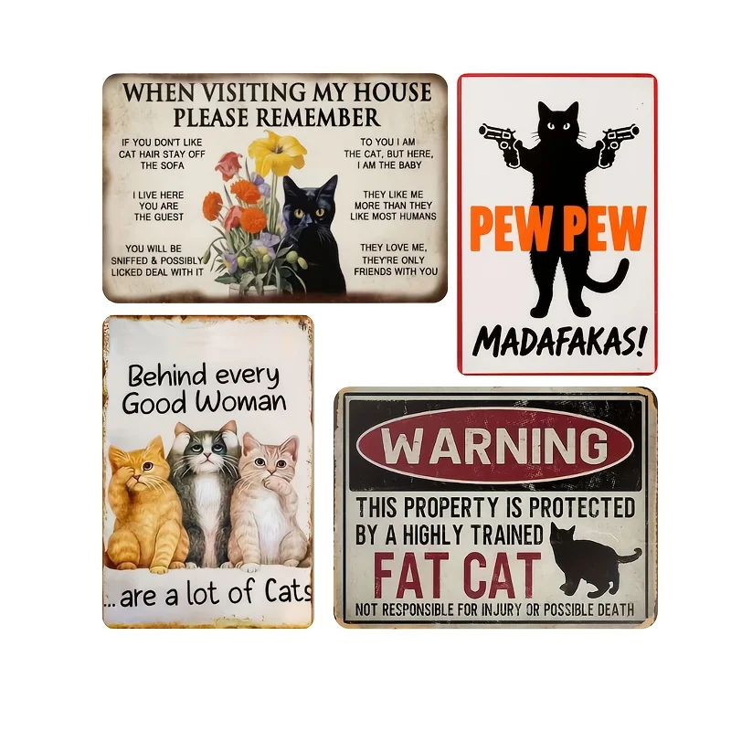 4pcs Funny Cat Sign Vintage Cat Wall Art Cat Metal Tin Signs Cat Decor Gifts For Cat Lovers Cat Posters 20 x 30 Cm