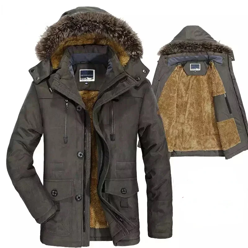 Kurtka zimowa męska Plus Size bawełniana wyściełana ciepła parka płaszcz Casual futro ze sztucznego futra z kapturem polarowa długa męska kurtka wiatrówka