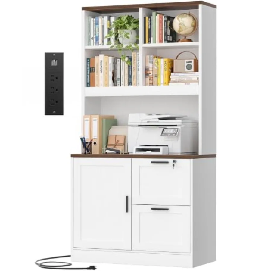 Vertical File Cabinet Bookcase with Printer Stand and Charging Station