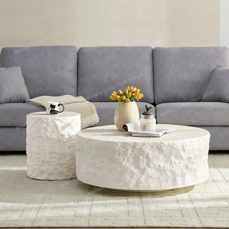 Round Faux Marble Coffee Table, Modern Drum Design, Circle Fiberglass Coffee Table, End Table for Living Room, Apartment