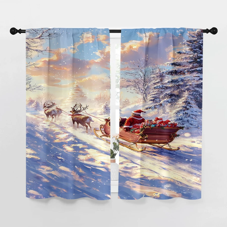 2PCS Christmas Winter Curtains, Santa Sleigh Reindeer Snow Scene, Digital Print, Bedroom Living Room, Home Decor Window Drapes