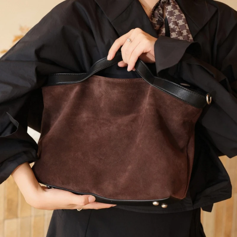 Womne's Genuine Leather Suede Shoulder Bag Large Capacity Multi-layer Tote Bag Retro Versatile Commuter Travel Crossbody Bag