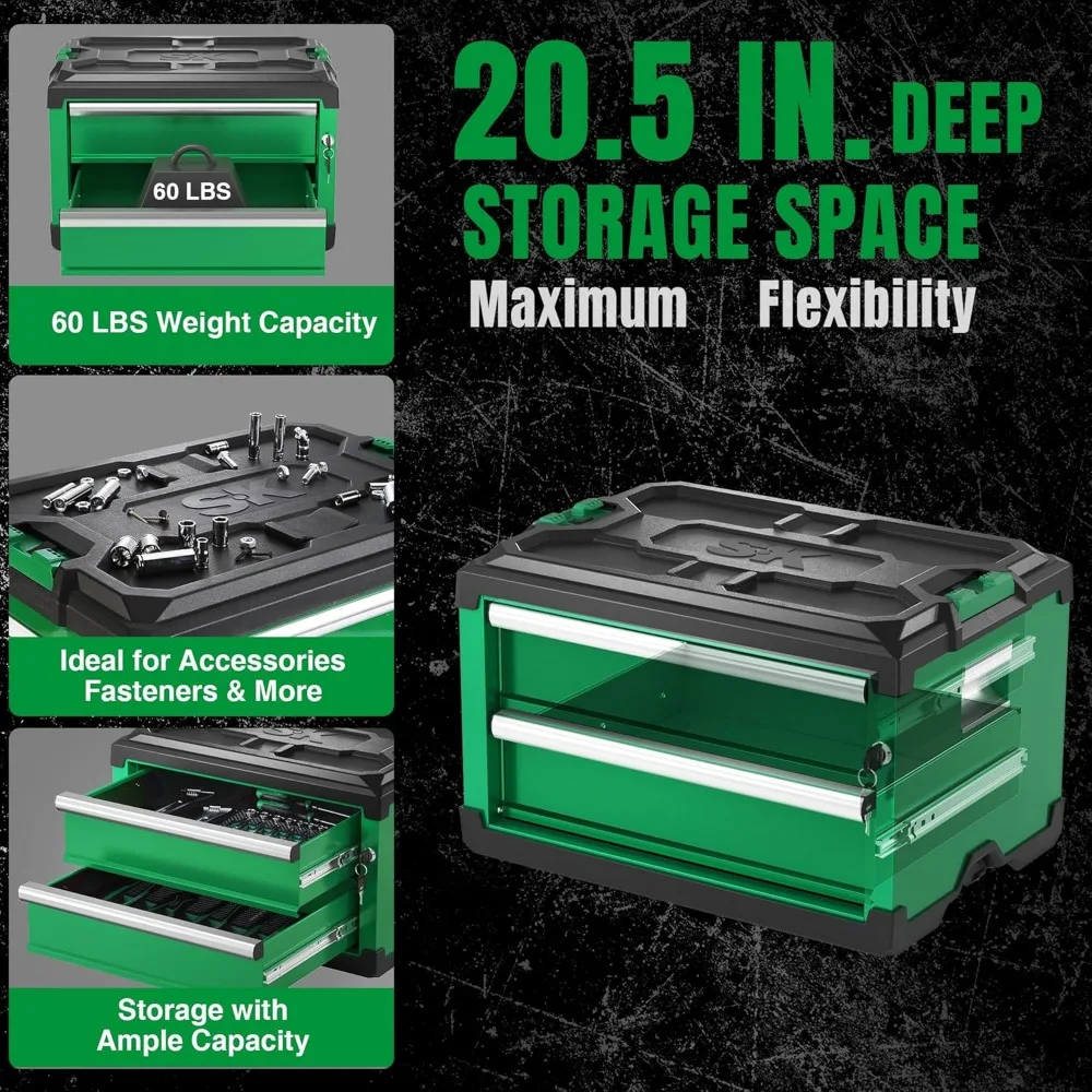 SK Modular Stackable Storage Tool Box, 20.5 Inch, 2-Drawer Steel Box, Patented Auto-Lock Mechanism, Holds up to 60