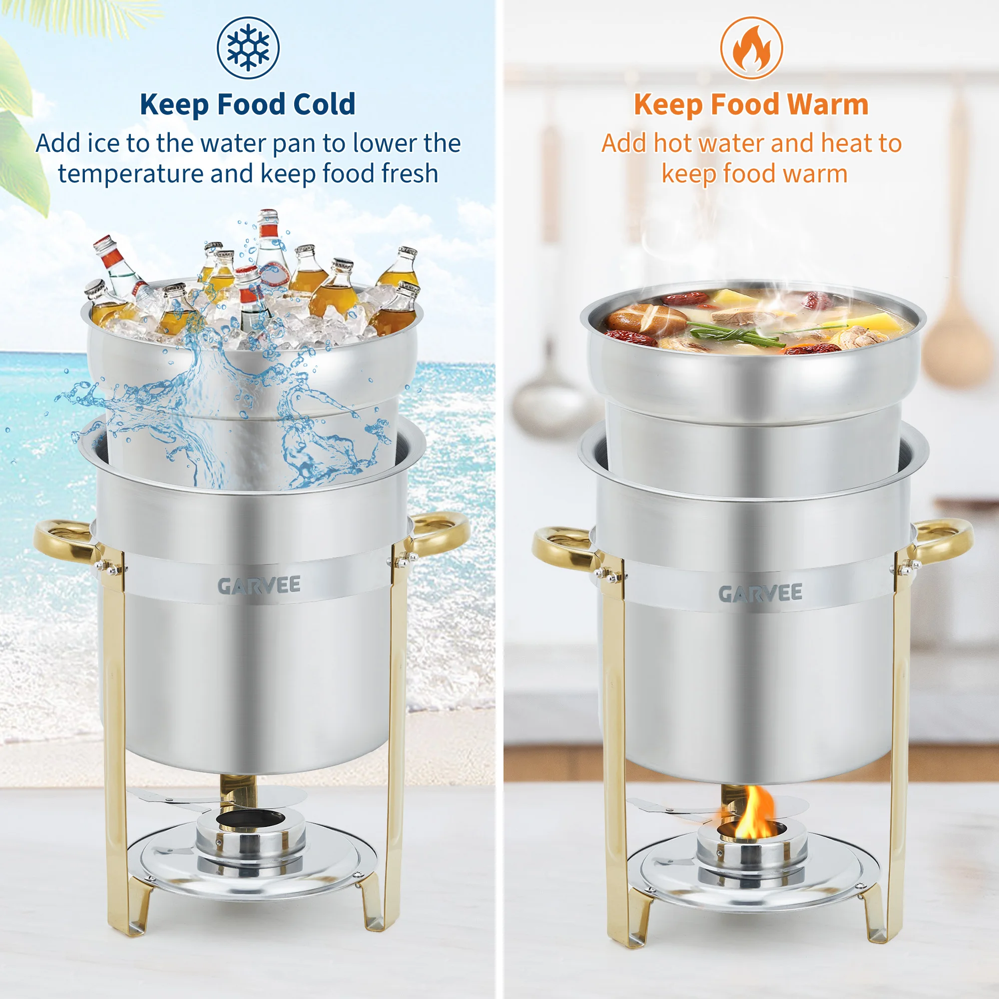 7QT Round Stainless Steel Soup Chafer Warmer with Lids – Gold Commercial Buffet Food Warmer for Catering, Hotels & Events