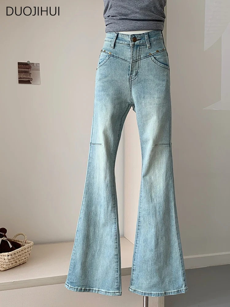 DUOJIHUI Spring Blue Rivets Distressed Women Jeans New High Waist Slim Fashion Flare Casual Pockets Full Length S-L Female Jeans