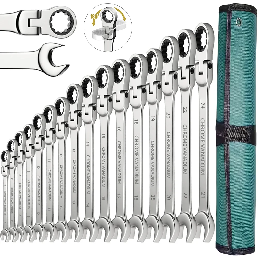 Ratchet Wrench Set 6-24mm - Gear Combination Metric Tool Kit with Adjustable Head and Canvas Bag for Automotive & Motorcycle Use