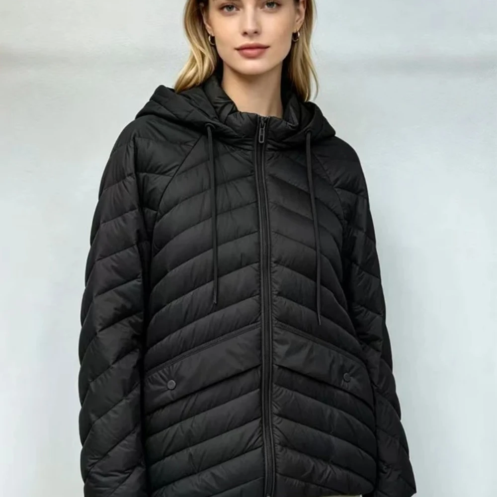 Women's Puffer Duck Down Jacket Hood Collar Horizontal Quilted Full Zip Winter Coat with Side Pockets Cold Weather Protection