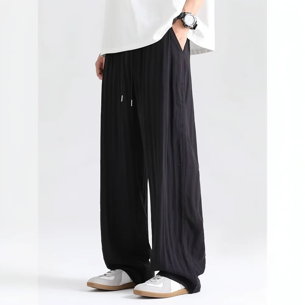 Mens Straight Leg Casual Trousers Summer Lyocell Linen Blend Wide Leg Pants Breathable Loose Fit Thin Streetwear Bottoms