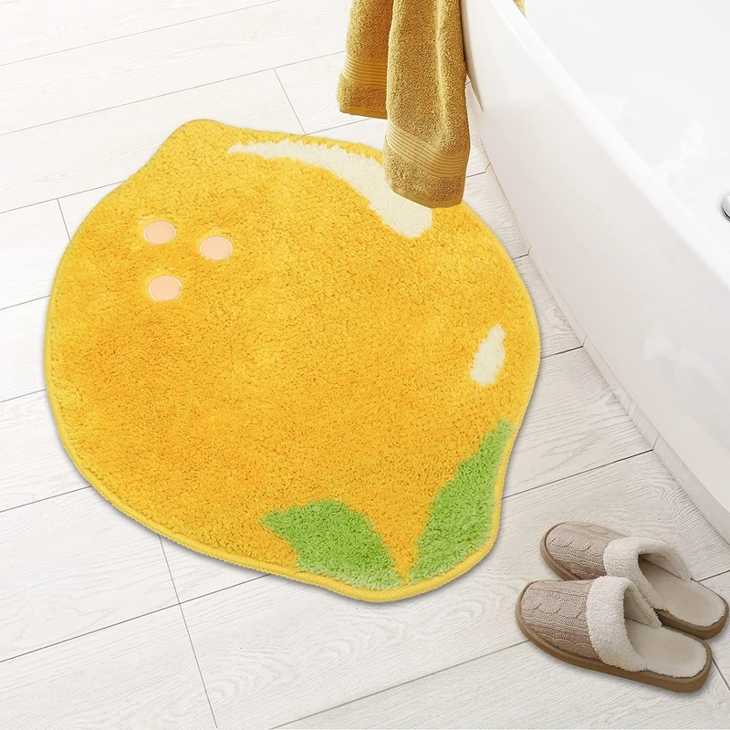 Inyahome Cute Lemon Absorbent Kids Small Bath Mat Yellow Cartoon Fruit Bathroom Rug No Slip Floor Mat 19x24Inches for Home Decor