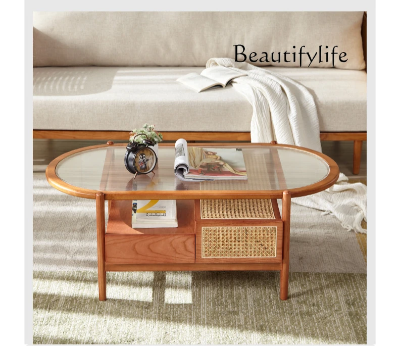 Small apartment medium and ancient style solid wood coffee table with drawers rattan Changhong glass coffee table