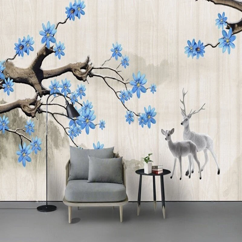 Modern Style Beautiful Flower Tree Deer Landscape Scenery Mural Rural Village Living Room Television Room Bedroom Custom Wall