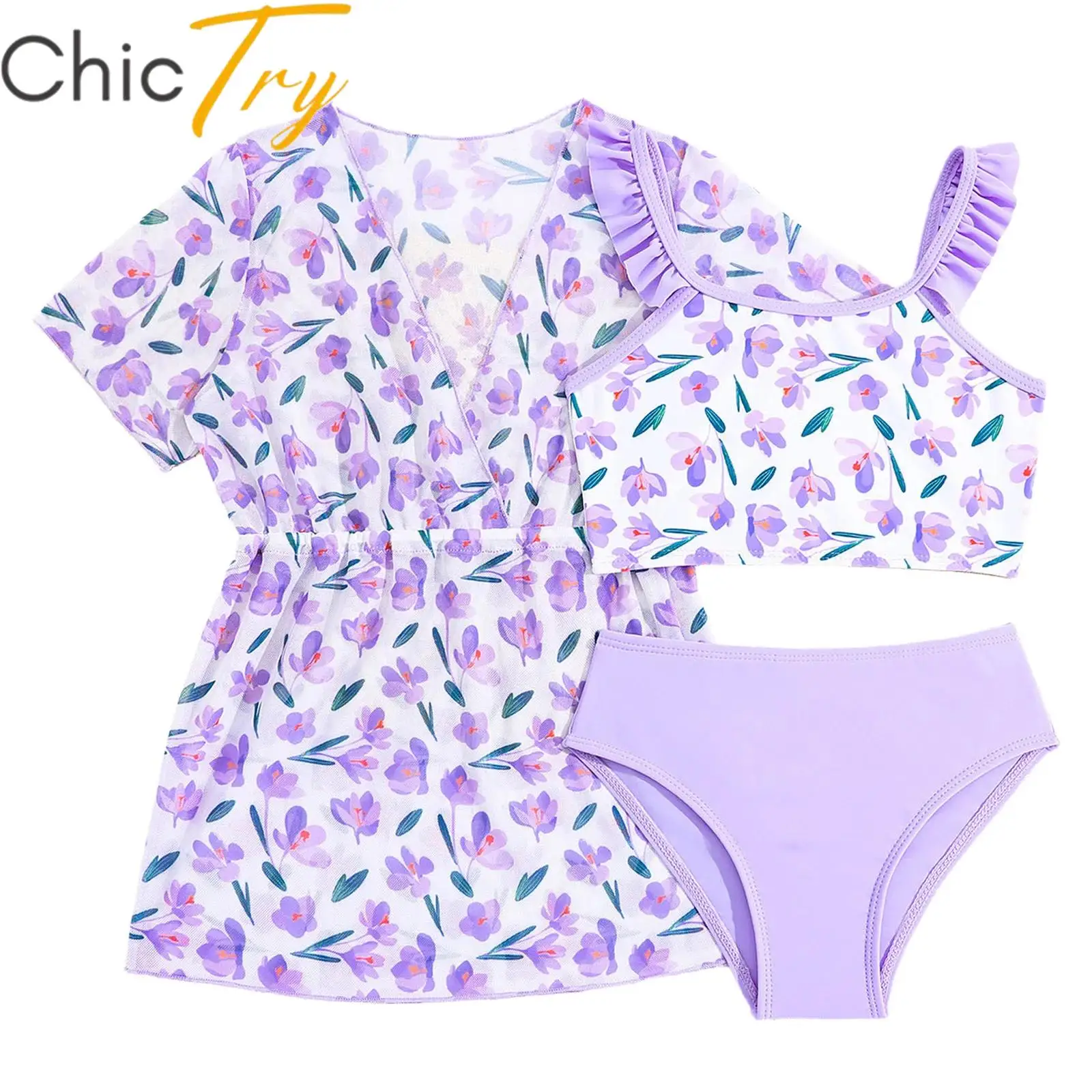 

Kids Girls 3 Piece Bathing Suit Bikini Swimsuit Short Sleeve Outwear Skirt and Adjustable Ruffled Straps Tops with Briefs Sets