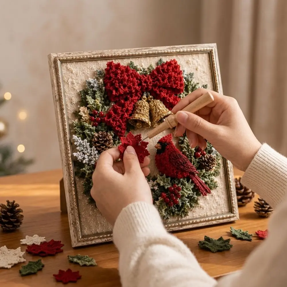 Handmade Christmas Fabric Poke Art Kit Wall Hanging Educational Christmas Fabric Art Picture Unique Vintage