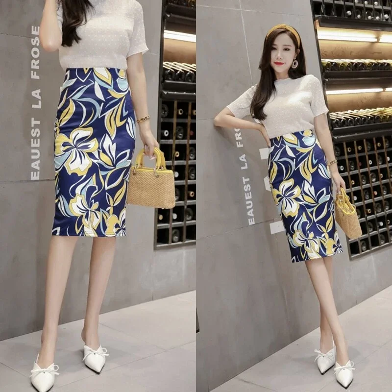 Mid Length Korean Version Ethnic Style Printed One Step Skirt with Hip Wrap Skirt, Slim Fit and Slimming Women's Skirt