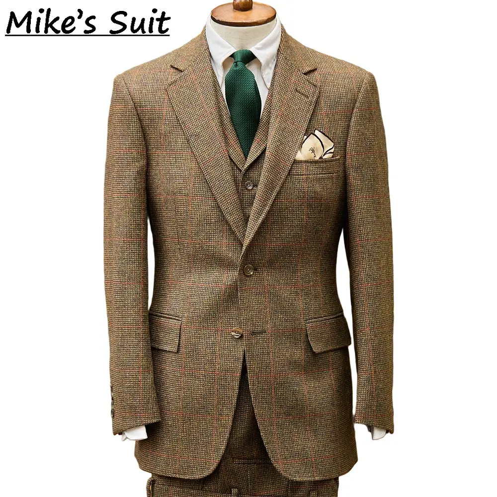 Men Tan Prince of Wales Check Tweed 3 Piece Suit Vintage Glen Plaid Wool Blazer Waistcoat Trousers Wedding Formal Suit