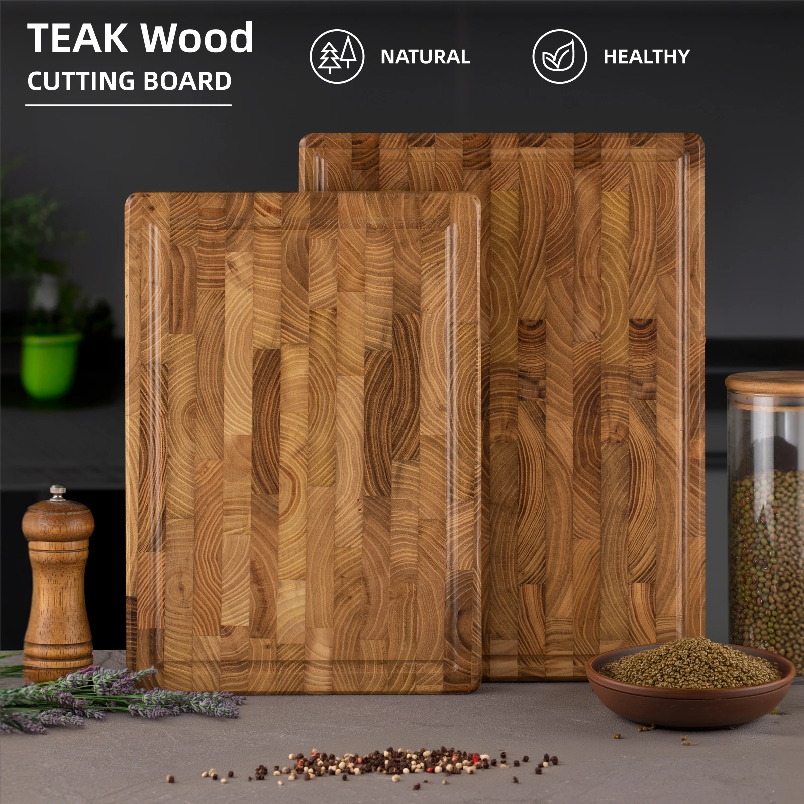 Teak Wooden End Grain Cutting Board, Butcher Block, Chopping Board Multipurpose For Kitchen with Juice Groove & Inner Handles