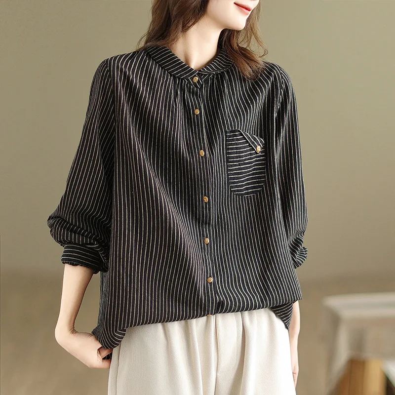Camisa de manga larga a rayas de lino bohemio para mujer blusa ajustada holgada de talla grande