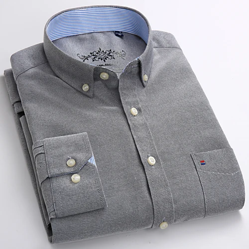 Camisa de trabajo Oxford de manga larga a la moda para hombre, camisas informales con botones y un solo bolsillo tipo parche, diseño Simple, bordado, ajuste Regular
