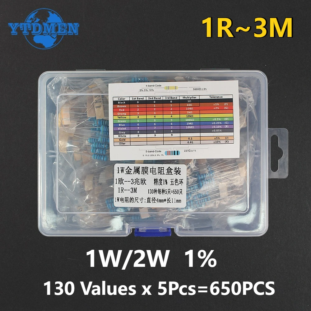 650 قطعة 130 قيم 1 واط 2 واط مقاوم من غشاء معدني مجموعة متنوعة 1% 1R ~ 3 متر أوم المقاومات تشكيلة أطقم عينة حزمة ، مع صندوق