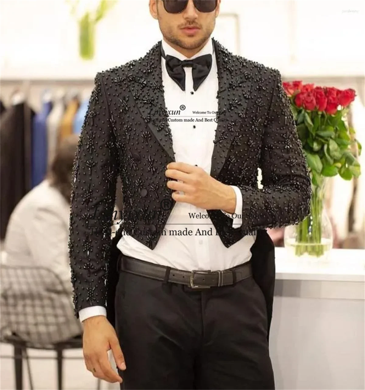 Black Formal Men Suits Luxury Beaded Crystals Groom Wedding Tuxedos 2 Pieces Sets Bridegroom Prom Blazers Slim Fit Costume Homme