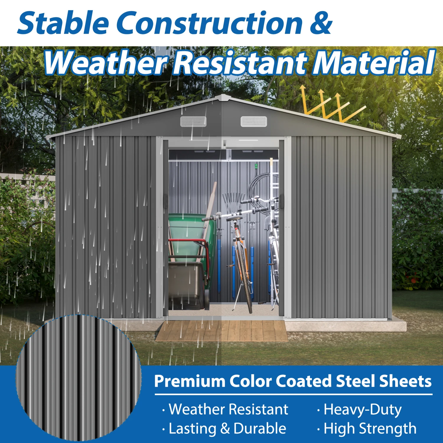 10X8 FT Outdoor Storage Shed, Metal Foundation & Lockable Doors, Tool Shed for Garden, Patio, Backyard, Lawn, Grey