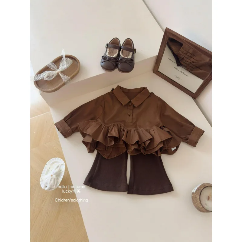 2026 Spring and Autumn Girls Baby Korean Retro Turn-down Collar Lotus Leaf Hem Shirt Top Flared Pants Two Piece Set