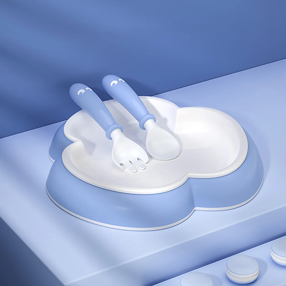 

1 Set Baby Dinner Plate Spoon Fork Set Deepened Food Trough Clover Shape Design Durable Pp Abs Tpe Material Cartoon Meal Plate